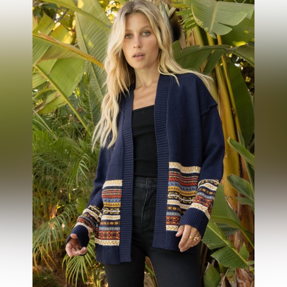 Hem & Thread Faire Isle Cardigan Navy Soft Open Sweater NEW WITH TAGS